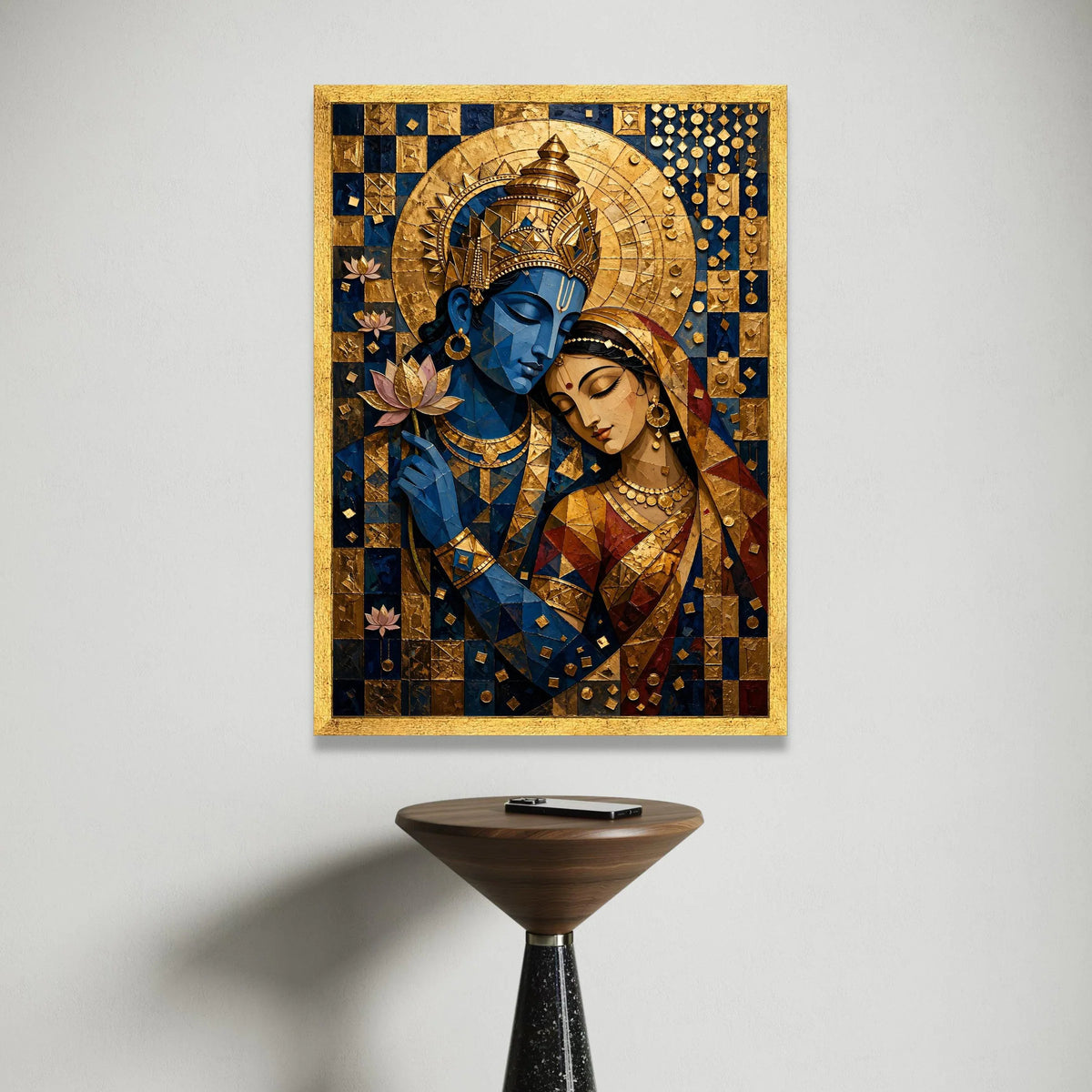Divine Radha Krishna Embrace Canvas, Spiritual Indian Art, Blue and Gold Wall Art, Hindu God and Goddess Painting, Home Canvas Print Art