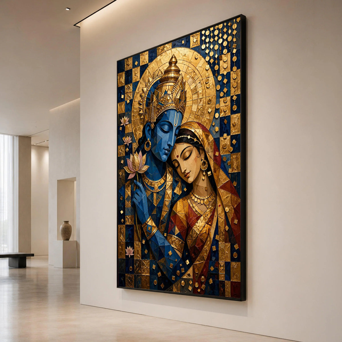 Divine Radha Krishna Embrace Canvas, Spiritual Indian Art, Blue and Gold Wall Art, Hindu God and Goddess Painting, Home Canvas Print Art