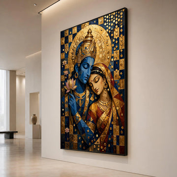 Divine Radha Krishna Embrace Canvas, Spiritual Indian Art, Blue and Gold Wall Art, Hindu God and Goddess Painting, Home Canvas Print Art