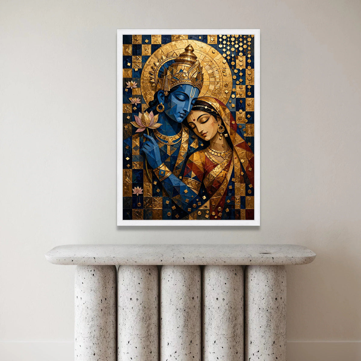 Divine Radha Krishna Embrace Canvas, Spiritual Indian Art, Blue and Gold Wall Art, Hindu God and Goddess Painting, Home Canvas Print Art
