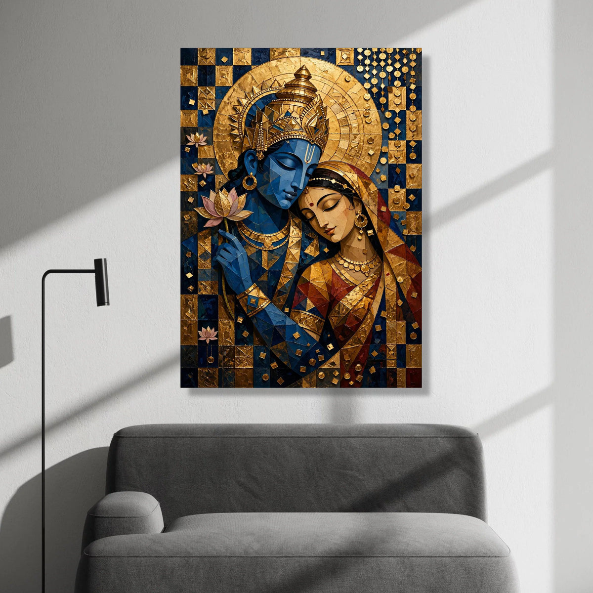 Divine Radha Krishna Embrace Canvas, Spiritual Indian Art, Blue and Gold Wall Art, Hindu God and Goddess Painting, Home Canvas Print Art