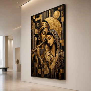 Divine Couple Canvas Wall Art, Krishna Radha Painting, Indian Spiritual Art, Gold and Black Home Decoration, Mythical Canvas Print Art