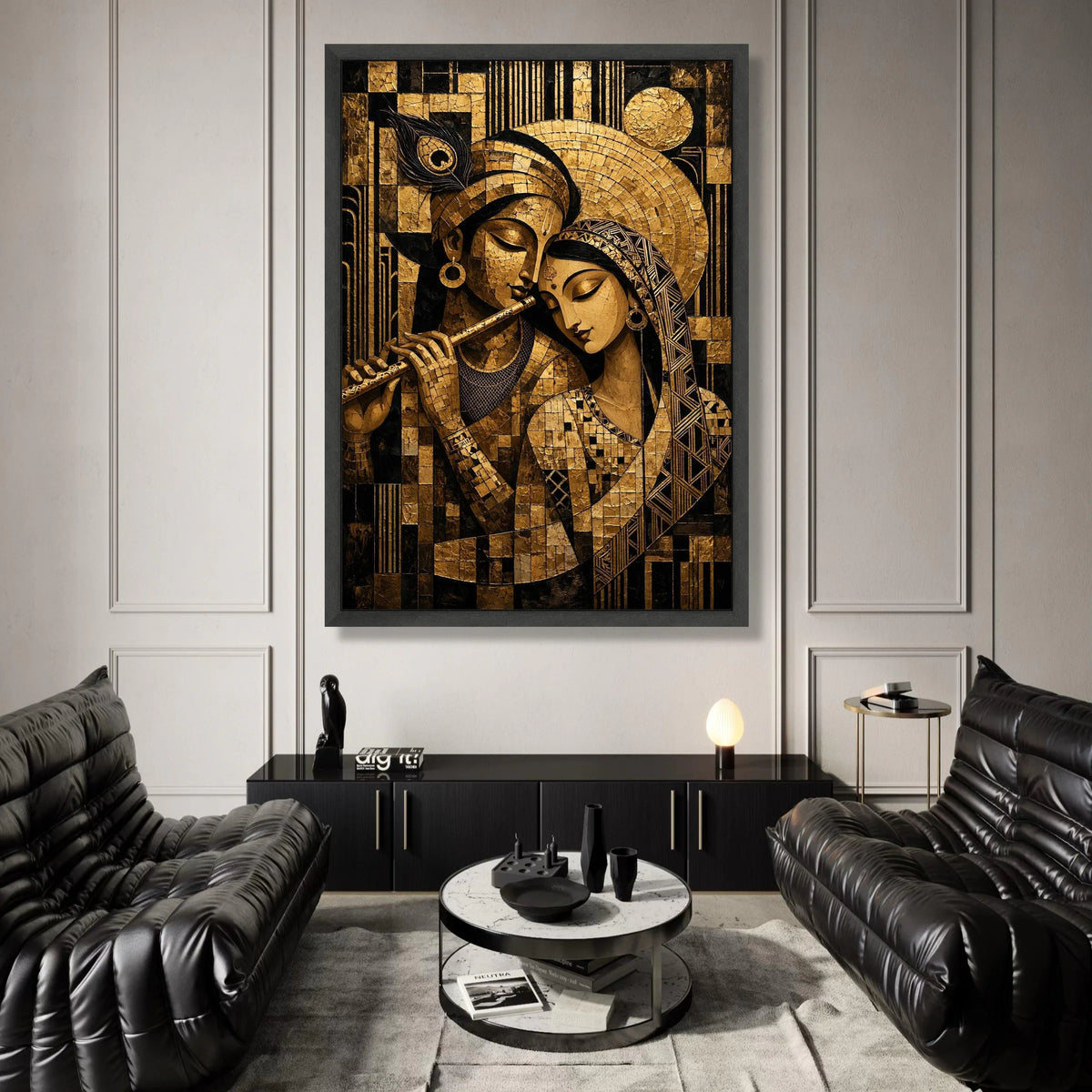 Divine Couple Canvas Wall Art, Krishna Radha Painting, Indian Spiritual Art, Gold and Black Home Decoration, Mythical Canvas Print Art
