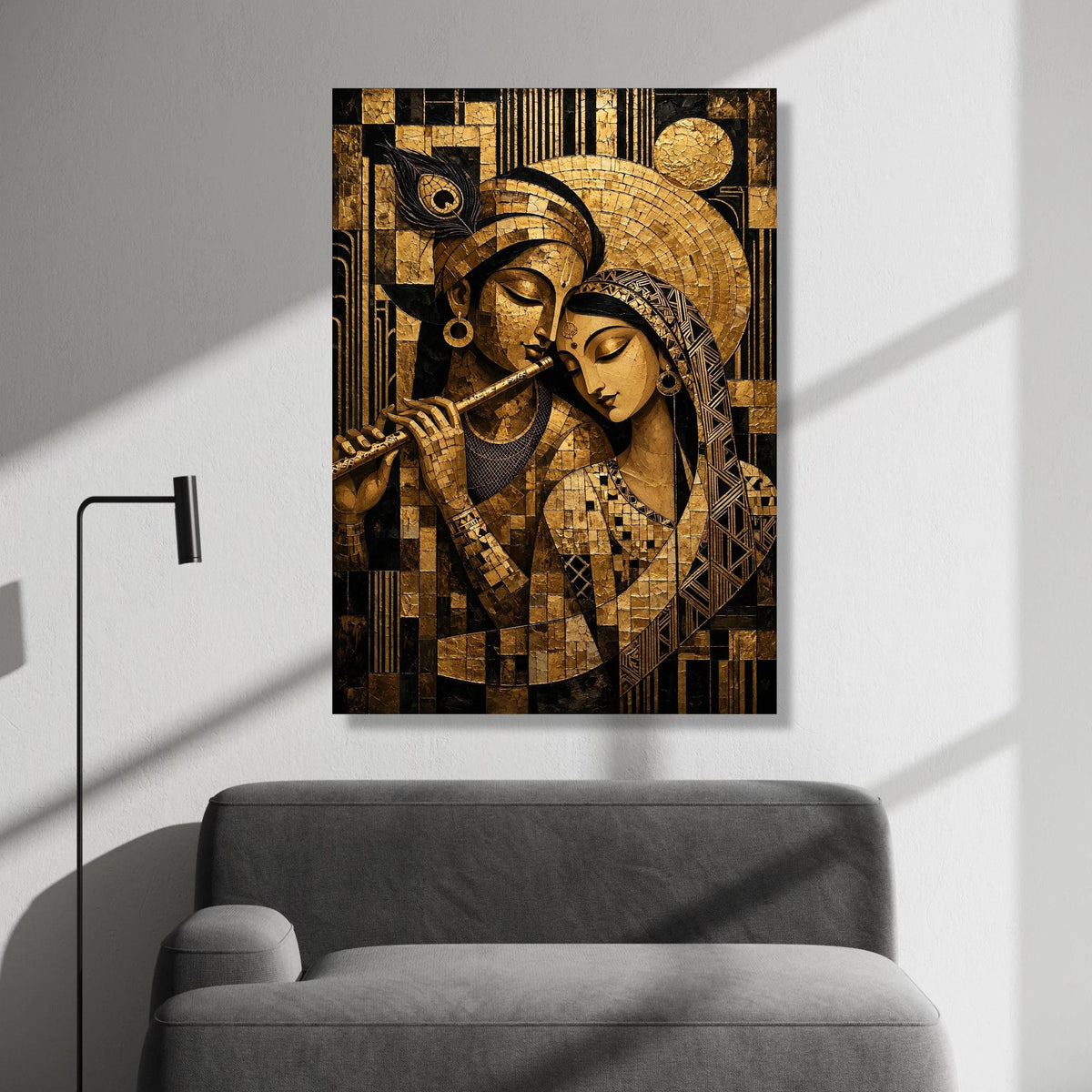 Divine Couple Canvas Wall Art, Krishna Radha Painting, Indian Spiritual Art, Gold and Black Home Decoration, Mythical Canvas Print Art