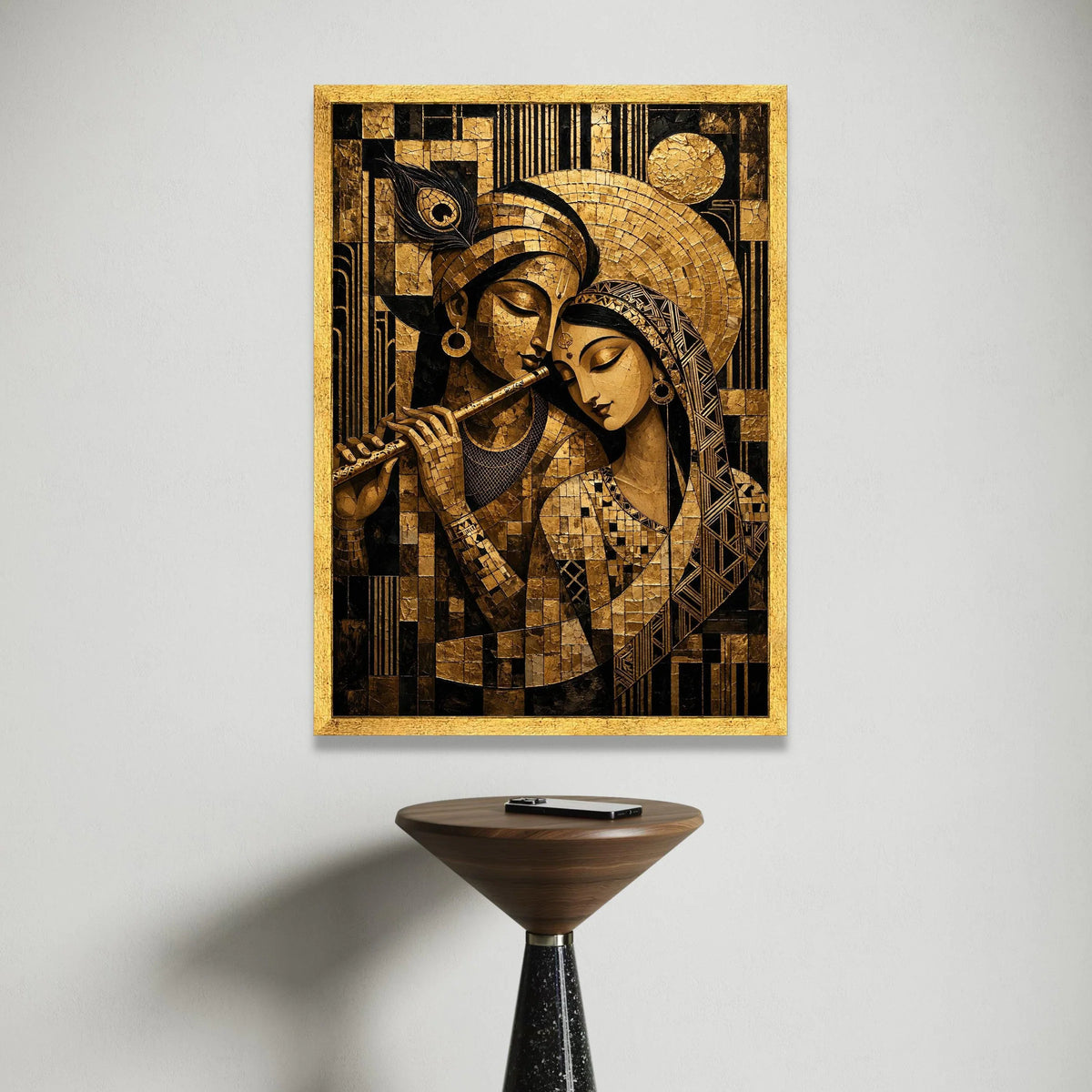 Divine Couple Canvas Wall Art, Krishna Radha Painting, Indian Spiritual Art, Gold and Black Home Decoration, Mythical Canvas Print Art