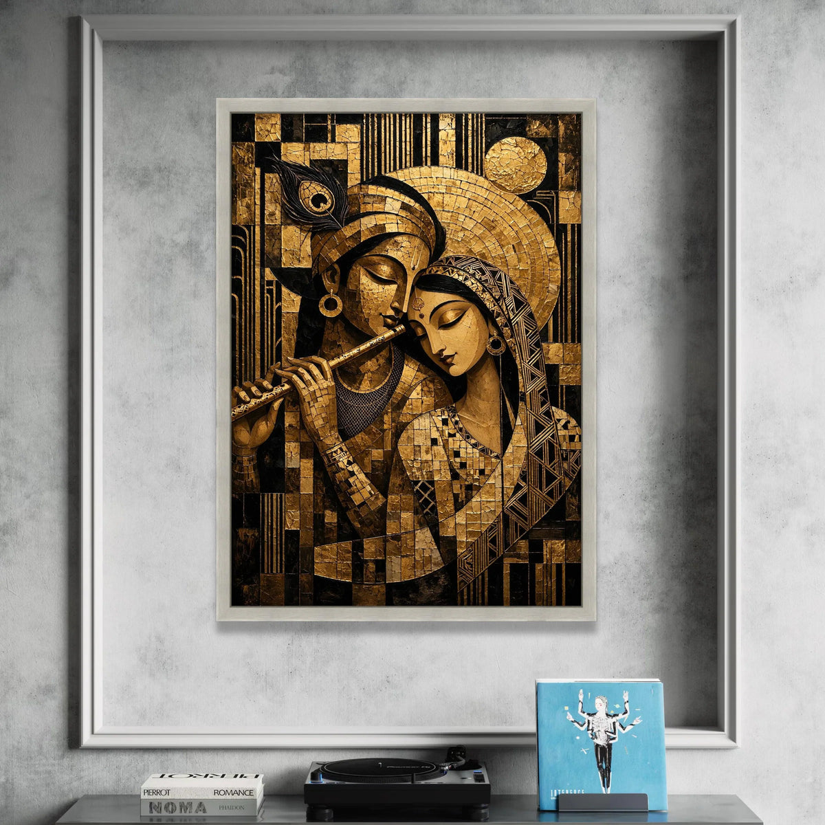Divine Couple Canvas Wall Art, Krishna Radha Painting, Indian Spiritual Art, Gold and Black Home Decoration, Mythical Canvas Print Art
