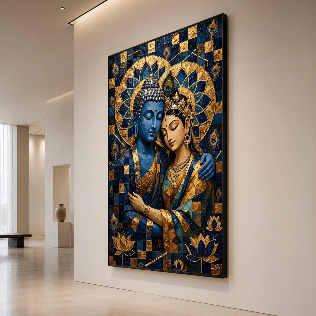 Blue Buddha and Goddess Embrace Canvas, Spiritual Wall Art, Indian Mandala Decor, Peacock Feather and Lotus Design, Zen Canvas Print Art