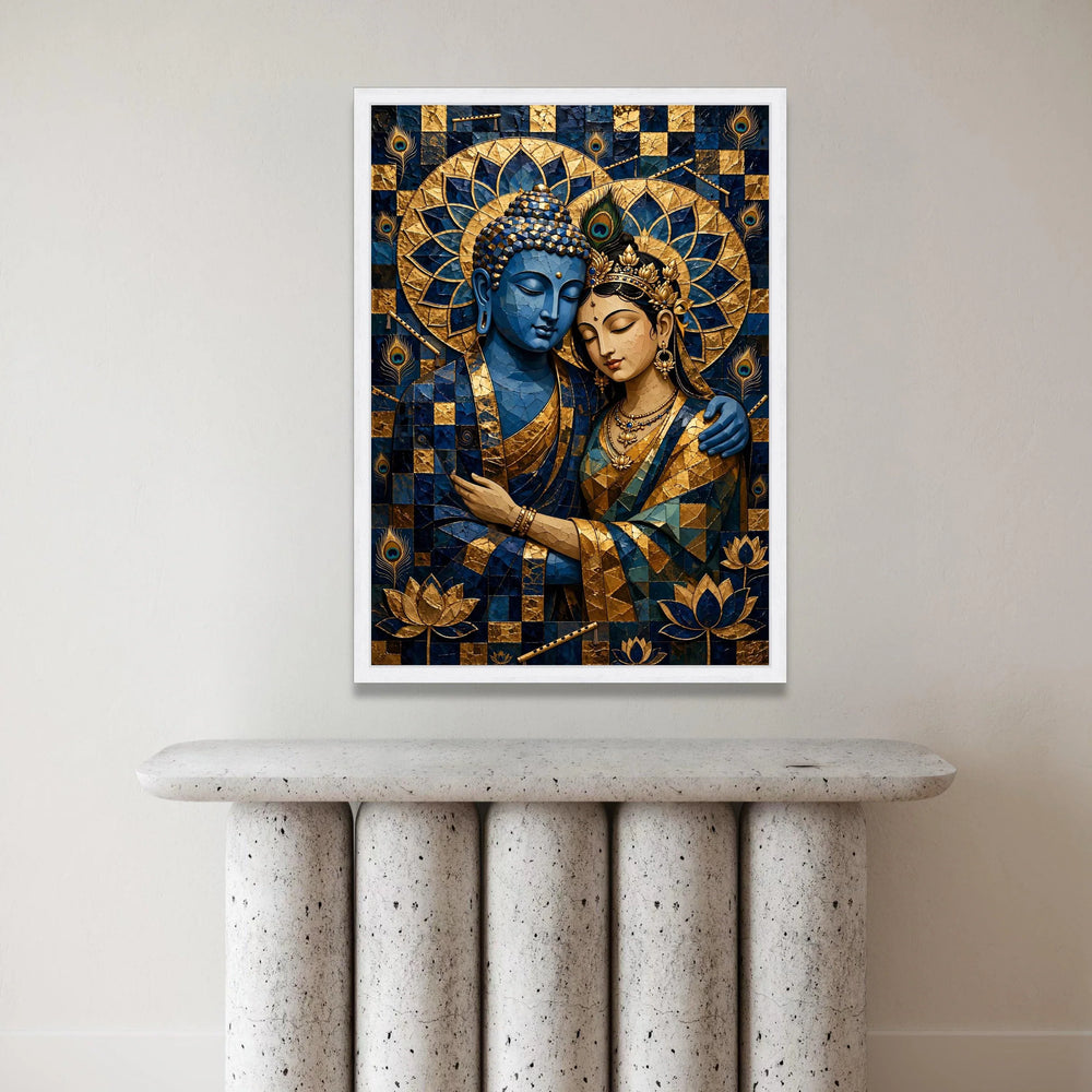 Blue Buddha and Goddess Embrace Canvas, Spiritual Wall Art, Indian Mandala Decor, Peacock Feather and Lotus Design, Zen Canvas Print Art