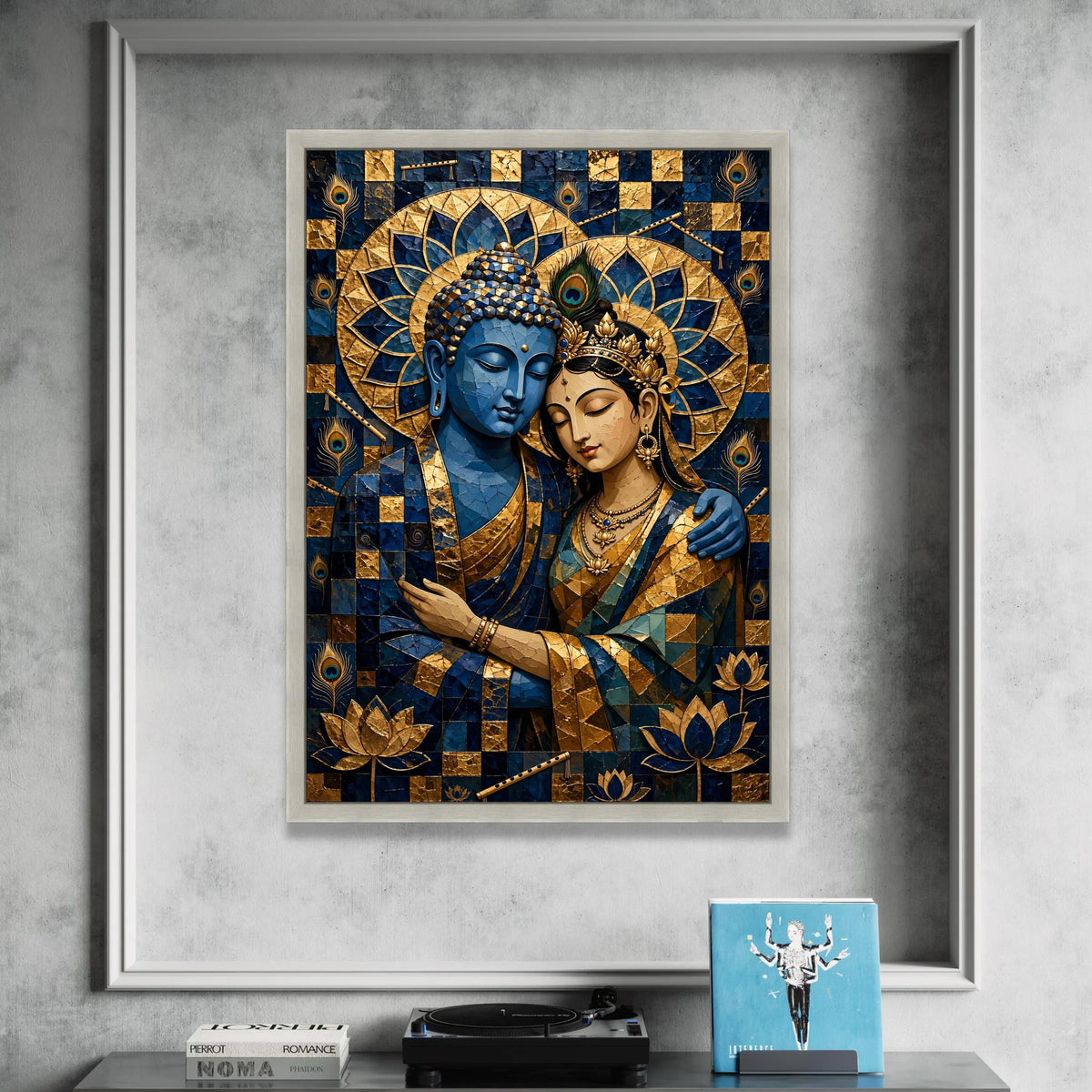 Blue Buddha and Goddess Embrace Canvas, Spiritual Wall Art, Indian Mandala Decor, Peacock Feather and Lotus Design, Zen Canvas Print Art
