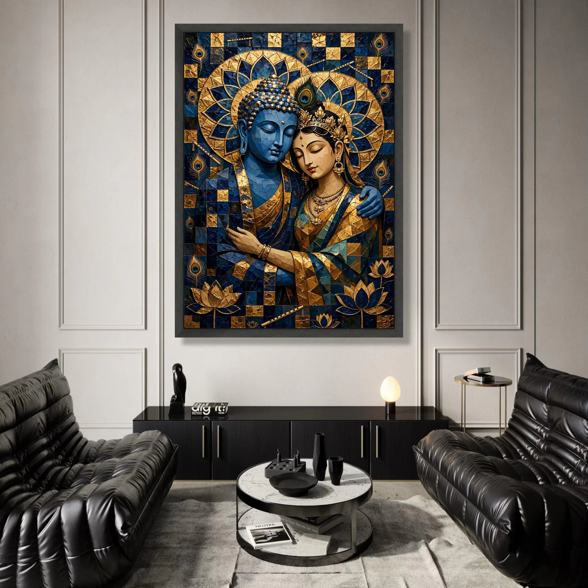 Blue Buddha and Goddess Embrace Canvas, Spiritual Wall Art, Indian Mandala Decor, Peacock Feather and Lotus Design, Zen Canvas Print Art