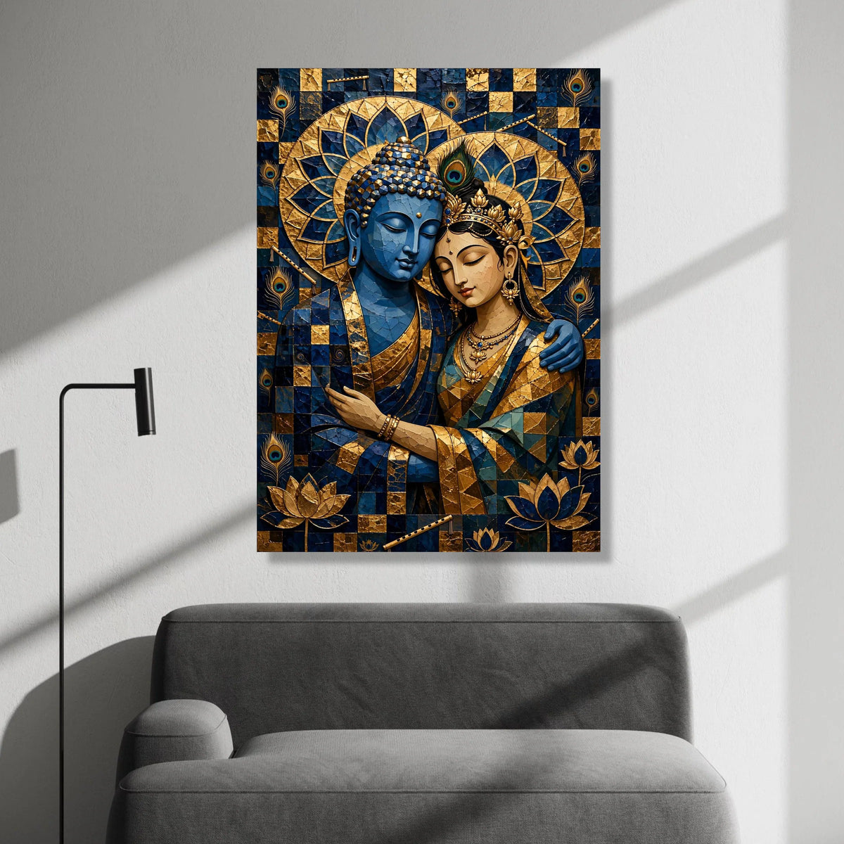 Blue Buddha and Goddess Embrace Canvas, Spiritual Wall Art, Indian Mandala Decor, Peacock Feather and Lotus Design, Zen Canvas Print Art
