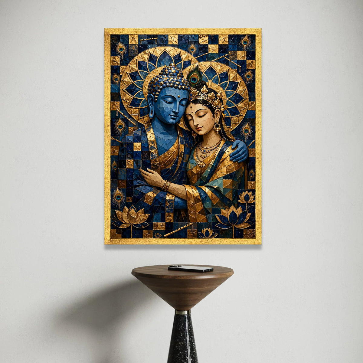 Blue Buddha and Goddess Embrace Canvas, Spiritual Wall Art, Indian Mandala Decor, Peacock Feather and Lotus Design, Zen Canvas Print Art