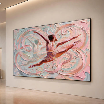 Graceful Ballet Dancer Canvas, Abstract Swirl Background, Pink and Blue Wall Art, Elegant Dance Movement, Modern Home Canvas Print Art