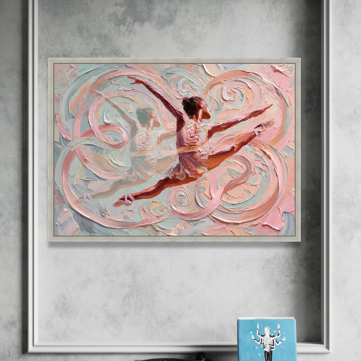 Graceful Ballet Dancer Canvas, Abstract Swirl Background, Pink and Blue Wall Art, Elegant Dance Movement, Modern Home Canvas Print Art