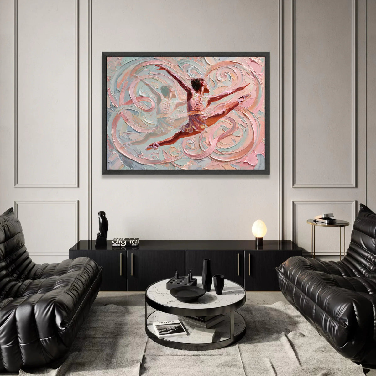 Graceful Ballet Dancer Canvas, Abstract Swirl Background, Pink and Blue Wall Art, Elegant Dance Movement, Modern Home Canvas Print Art