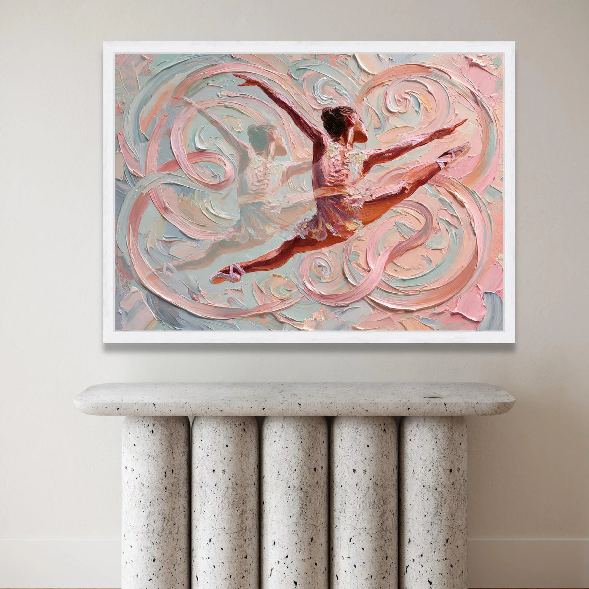 Graceful Ballet Dancer Canvas, Abstract Swirl Background, Pink and Blue Wall Art, Elegant Dance Movement, Modern Home Canvas Print Art