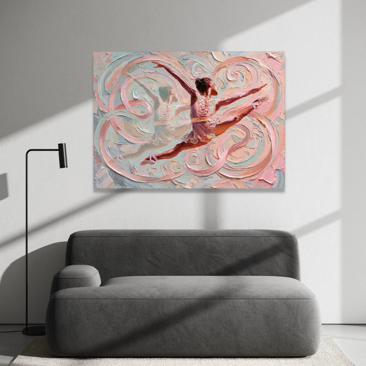Graceful Ballet Dancer Canvas, Abstract Swirl Background, Pink and Blue Wall Art, Elegant Dance Movement, Modern Home Canvas Print Art