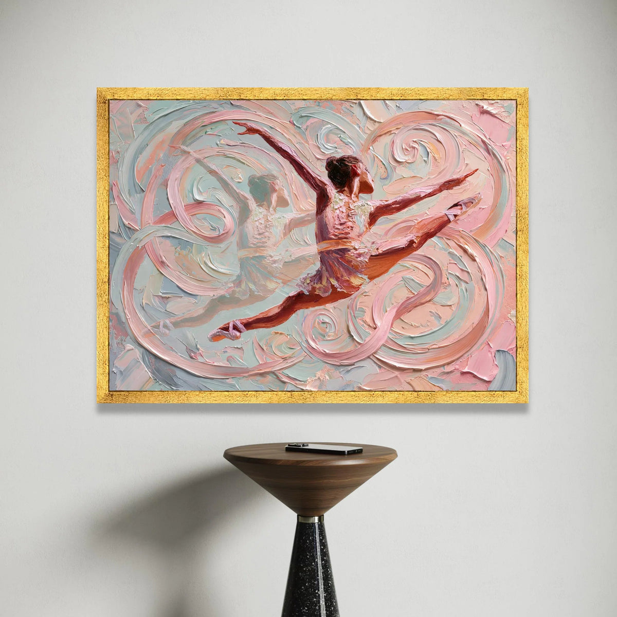 Graceful Ballet Dancer Canvas, Abstract Swirl Background, Pink and Blue Wall Art, Elegant Dance Movement, Modern Home Canvas Print Art