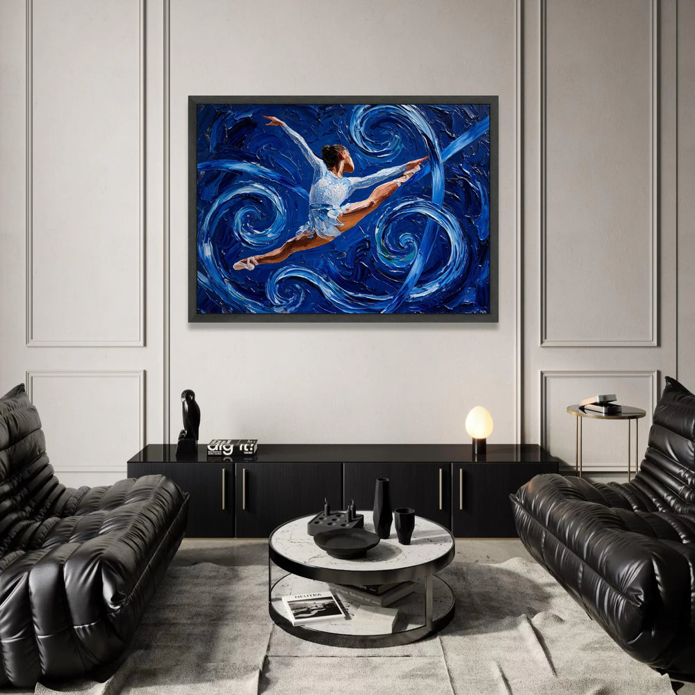 Dynamic Ballet Leap Canvas Wall Art, Blue Swirl Abstract Background, Dance Movement Painting, Modern Home Decor, Ready to Canvas Print Art