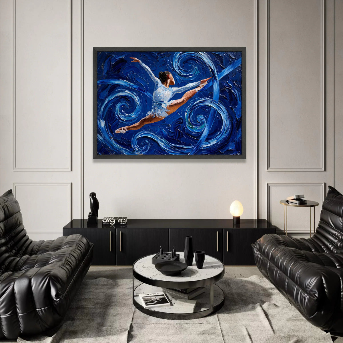 Dynamic Ballet Leap Canvas Wall Art, Blue Swirl Abstract Background, Dance Movement Painting, Modern Home Decor, Ready to Canvas Print Art