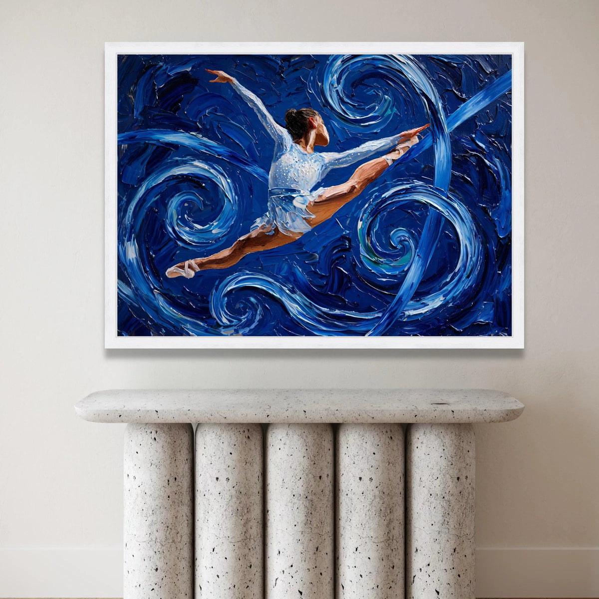 Dynamic Ballet Leap Canvas Wall Art, Blue Swirl Abstract Background, Dance Movement Painting, Modern Home Decor, Ready to Canvas Print Art