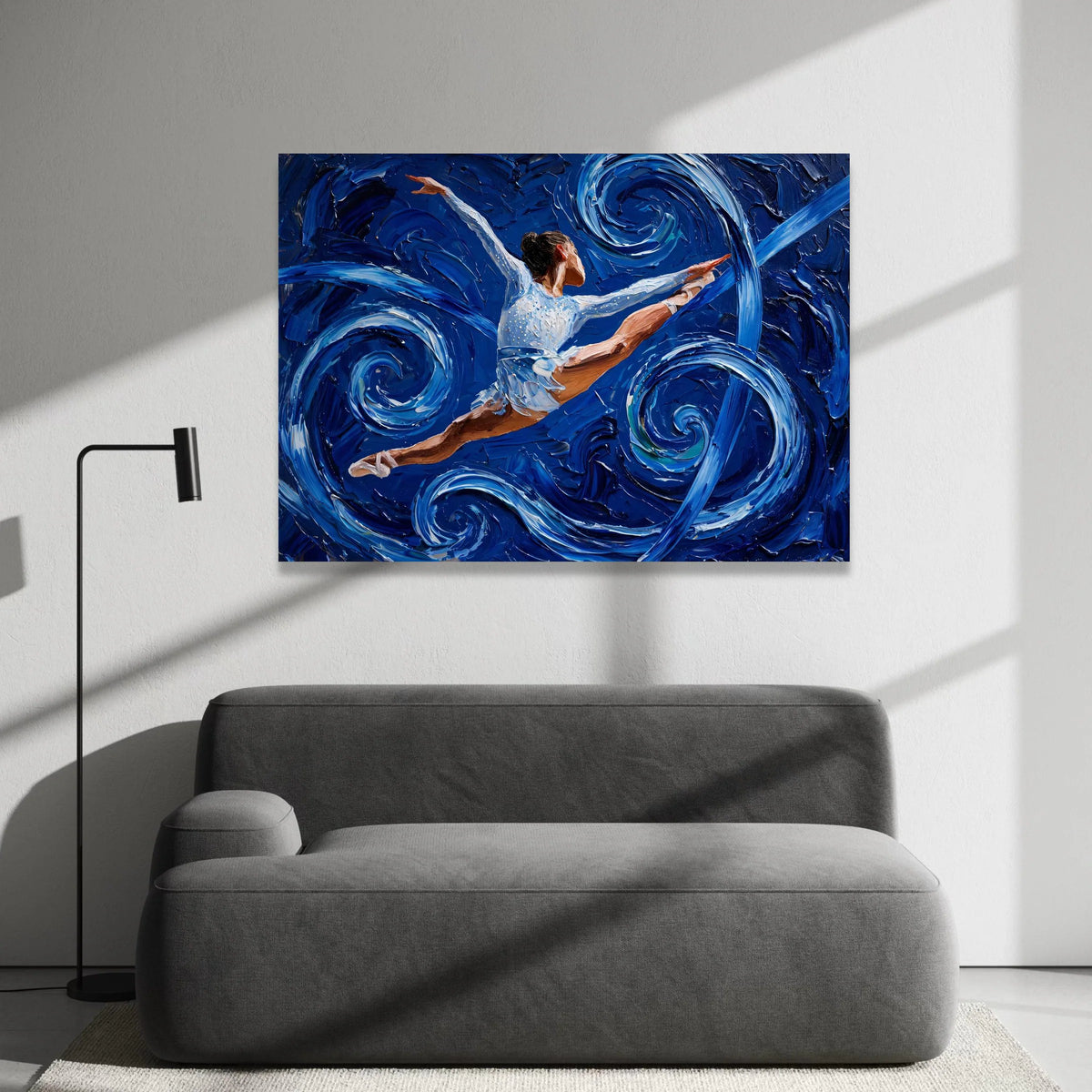 Dynamic Ballet Leap Canvas Wall Art, Blue Swirl Abstract Background, Dance Movement Painting, Modern Home Decor, Ready to Canvas Print Art