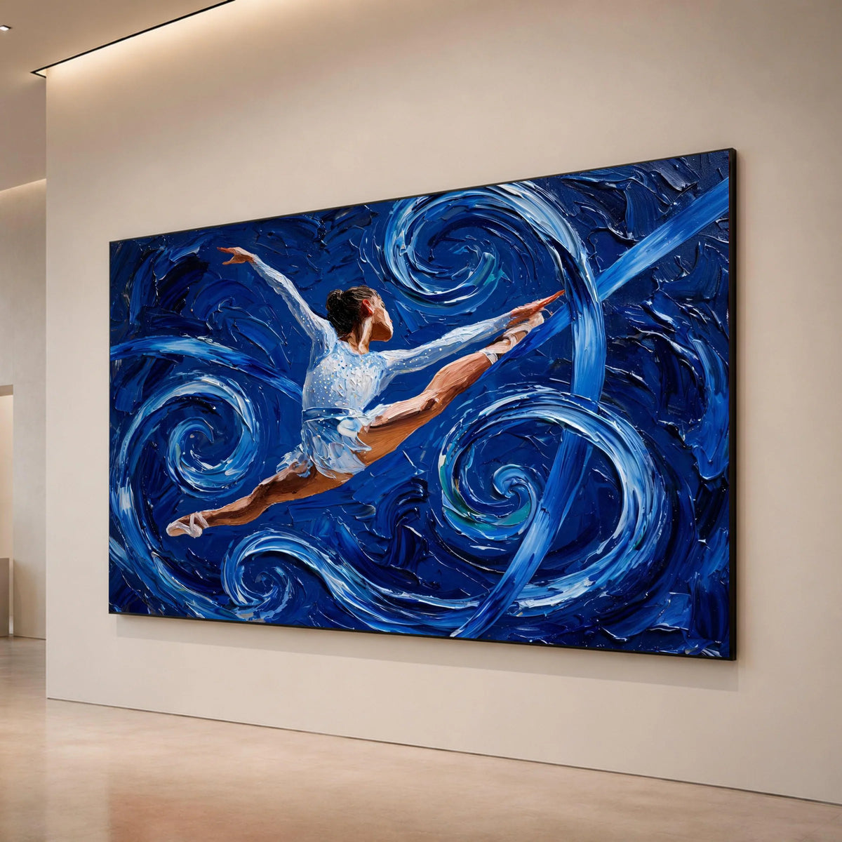Dynamic Ballet Leap Canvas Wall Art, Blue Swirl Abstract Background, Dance Movement Painting, Modern Home Decor, Ready to Canvas Print Art