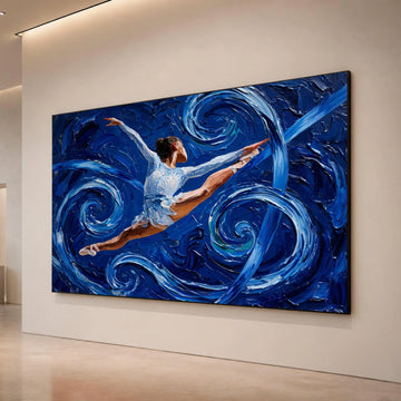 Dynamic Ballet Leap Canvas Wall Art, Blue Swirl Abstract Background, Dance Movement Painting, Modern Home Decor, Ready to Canvas Print Art