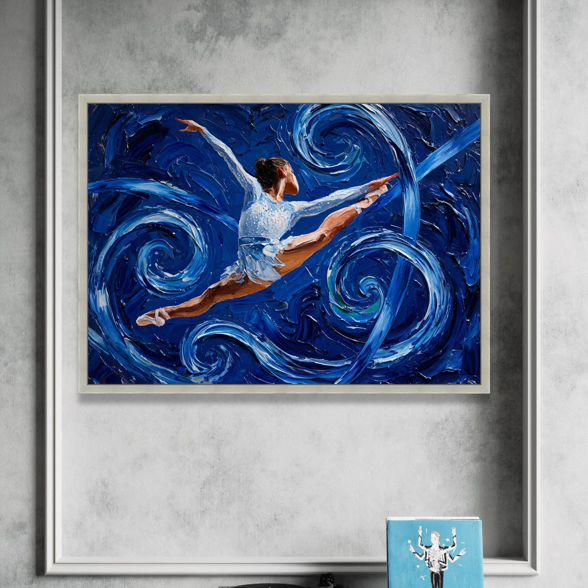 Dynamic Ballet Leap Canvas Wall Art, Blue Swirl Abstract Background, Dance Movement Painting, Modern Home Decor, Ready to Canvas Print Art
