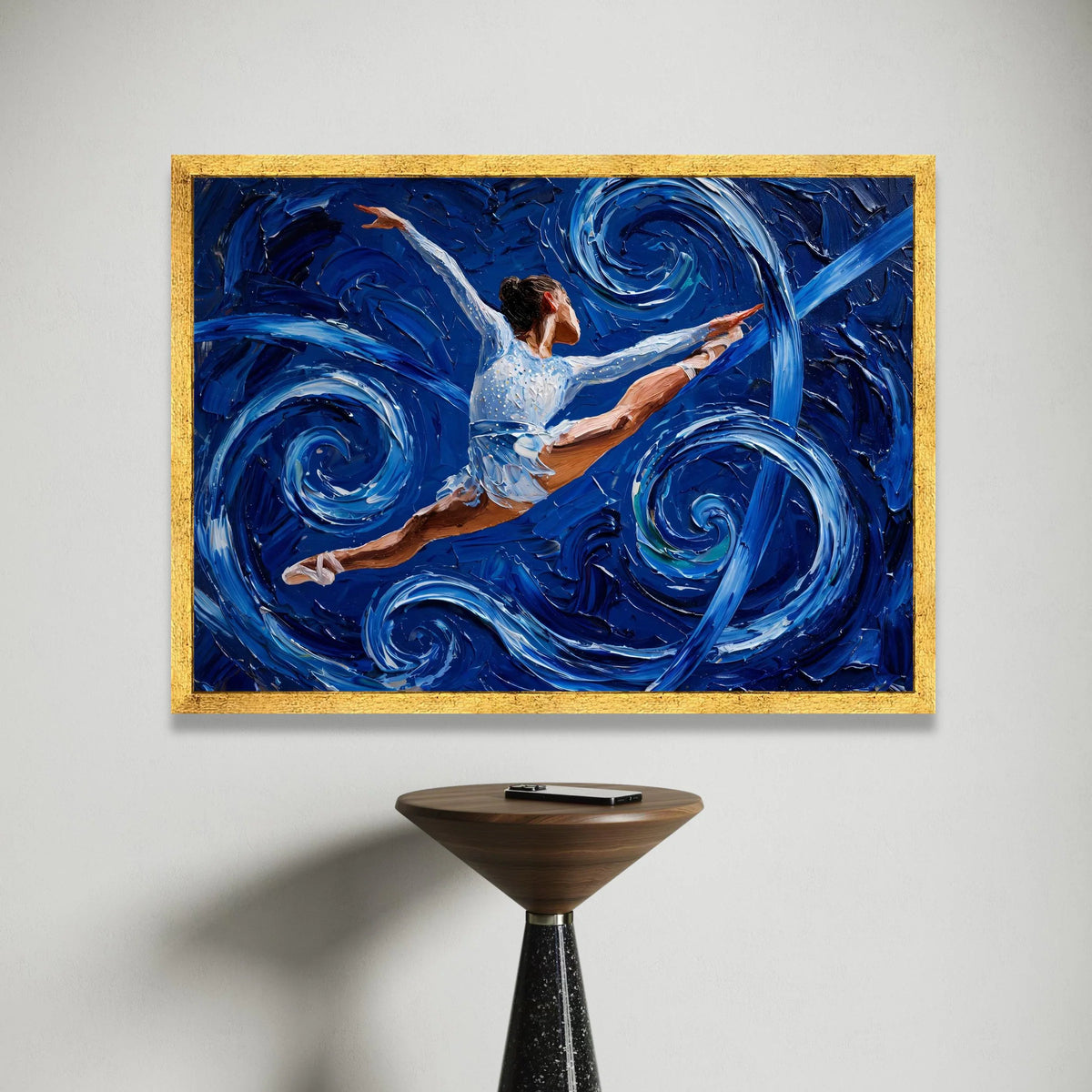 Dynamic Ballet Leap Canvas Wall Art, Blue Swirl Abstract Background, Dance Movement Painting, Modern Home Decor, Ready to Canvas Print Art