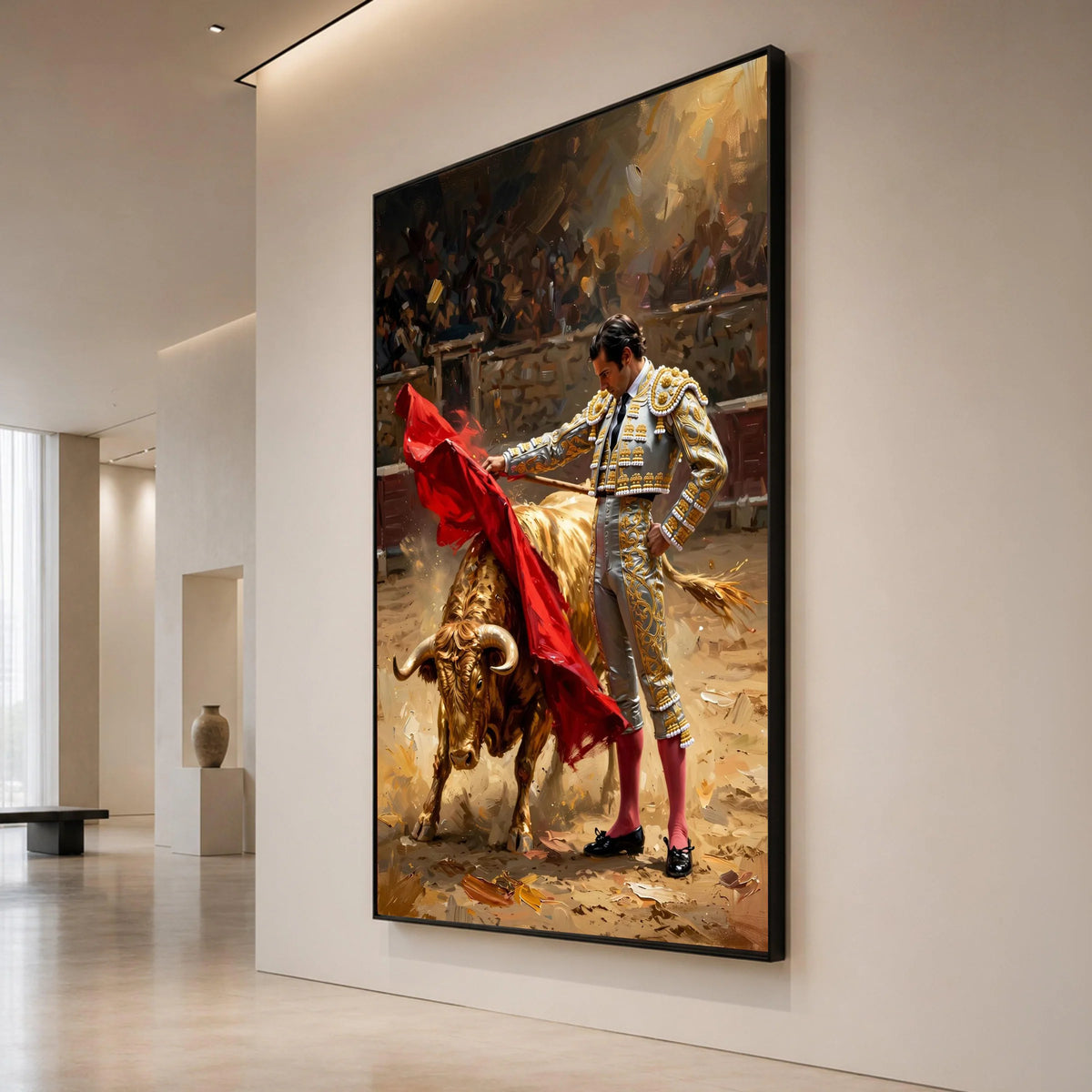 Bullfighter Matador with Red Cape Canvas, Traditional Spanish Bullfighting Scene, Vibrant Cultural Wall Art, Dramatic Home Canvas Print Art