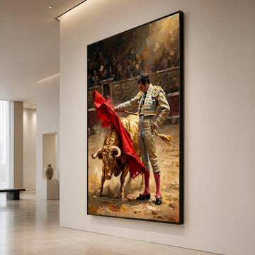 Bullfighter Matador with Red Cape Canvas, Traditional Spanish Bullfighting Scene, Vibrant Cultural Wall Art, Dramatic Home Canvas Print Art