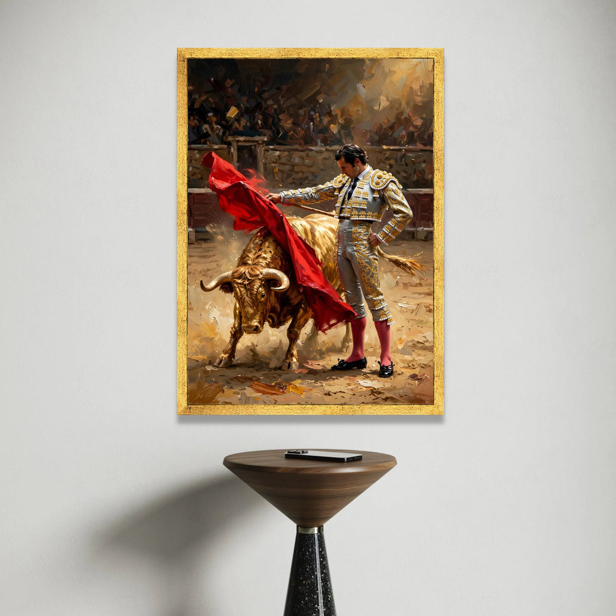 Bullfighter Matador with Red Cape Canvas, Traditional Spanish Bullfighting Scene, Vibrant Cultural Wall Art, Dramatic Home Canvas Print Art