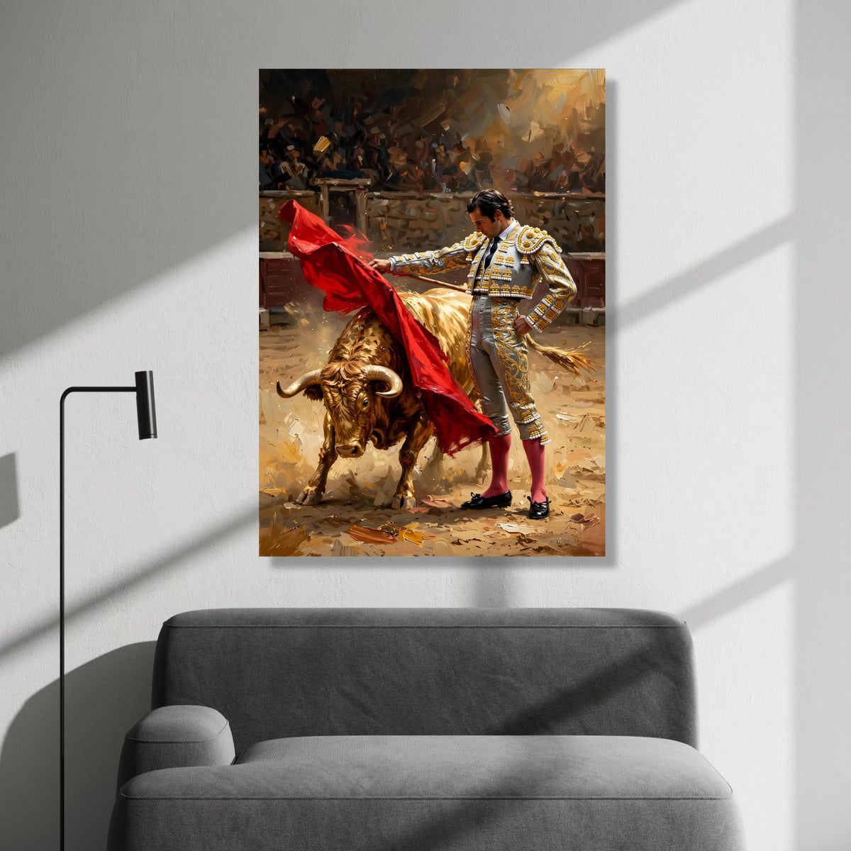 Bullfighter Matador with Red Cape Canvas, Traditional Spanish Bullfighting Scene, Vibrant Cultural Wall Art, Dramatic Home Canvas Print Art
