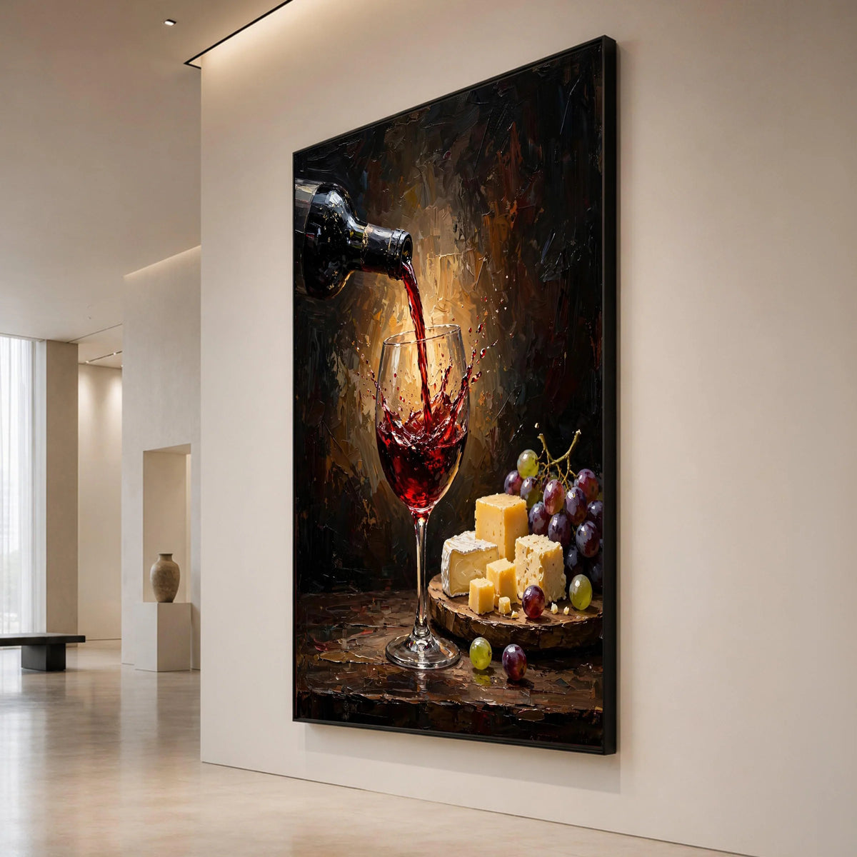 Fine Red Wine Pouring Canvas, Wine Glass Splash Art, Cheese and Grapes Wall Decor, Still Life Canvas, Gourmet Food Display Canvas Print Art