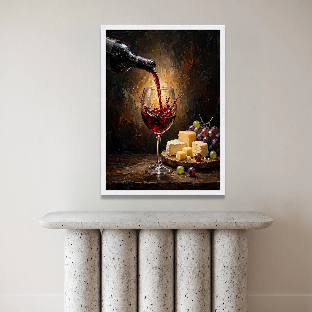 Fine Red Wine Pouring Canvas, Wine Glass Splash Art, Cheese and Grapes Wall Decor, Still Life Canvas, Gourmet Food Display Canvas Print Art