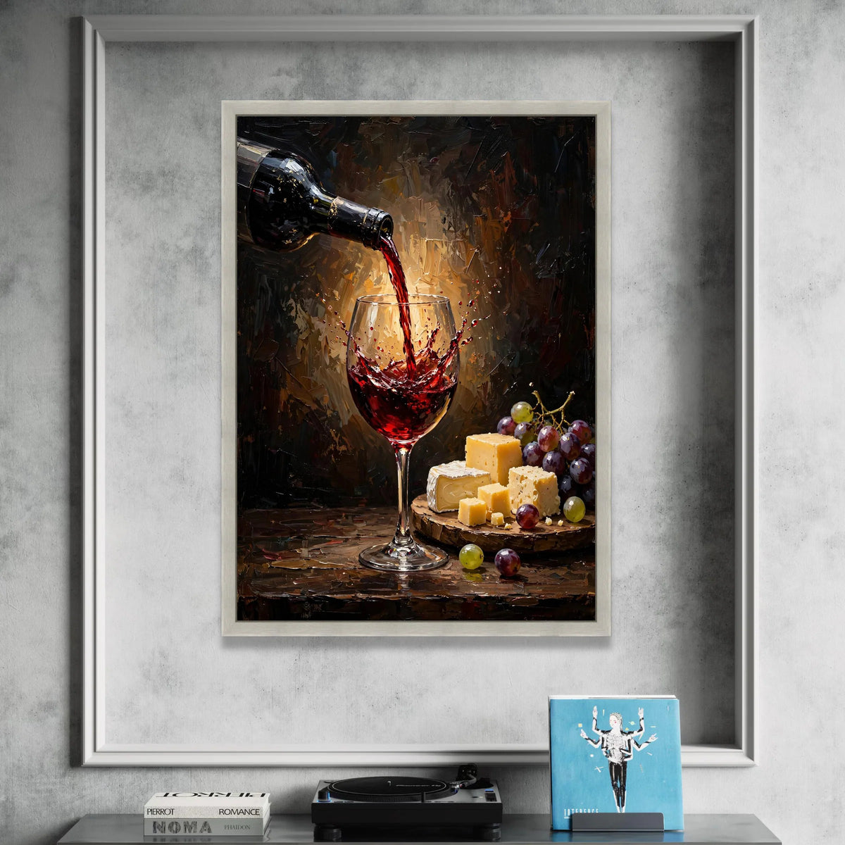 Fine Red Wine Pouring Canvas, Wine Glass Splash Art, Cheese and Grapes Wall Decor, Still Life Canvas, Gourmet Food Display Canvas Print Art