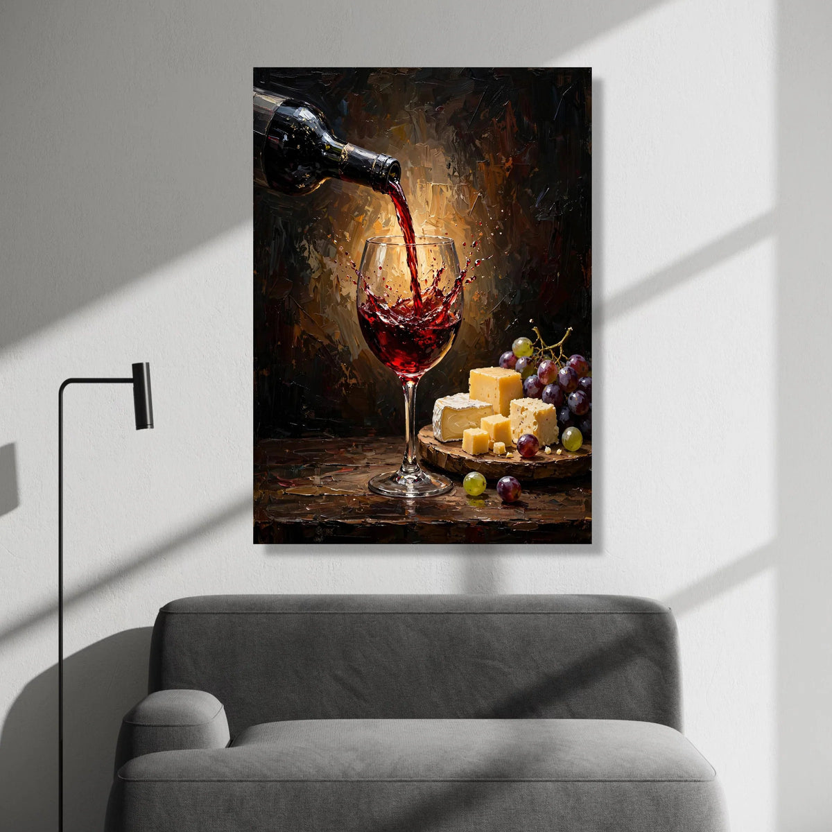 Fine Red Wine Pouring Canvas, Wine Glass Splash Art, Cheese and Grapes Wall Decor, Still Life Canvas, Gourmet Food Display Canvas Print Art