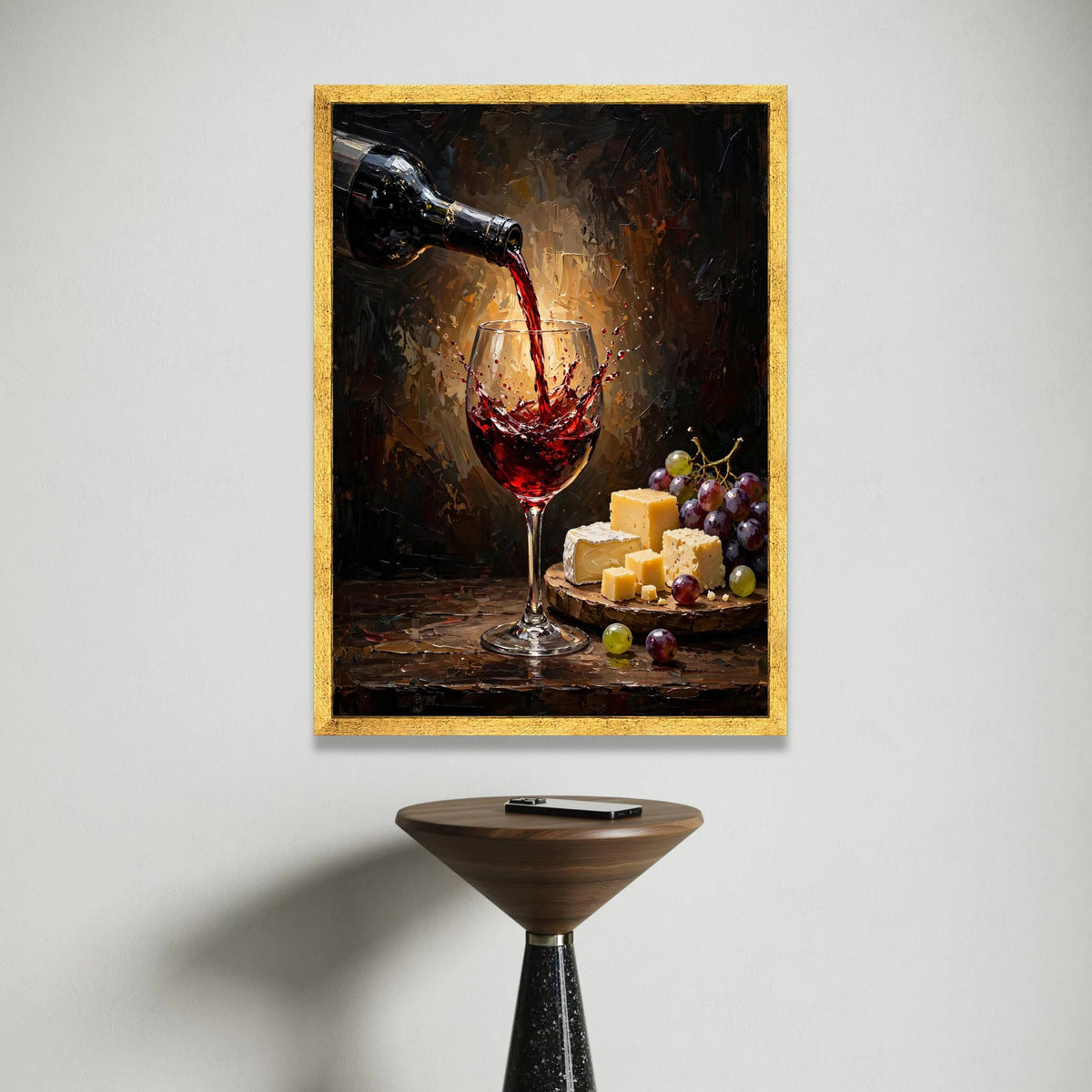 Fine Red Wine Pouring Canvas, Wine Glass Splash Art, Cheese and Grapes Wall Decor, Still Life Canvas, Gourmet Food Display Canvas Print Art