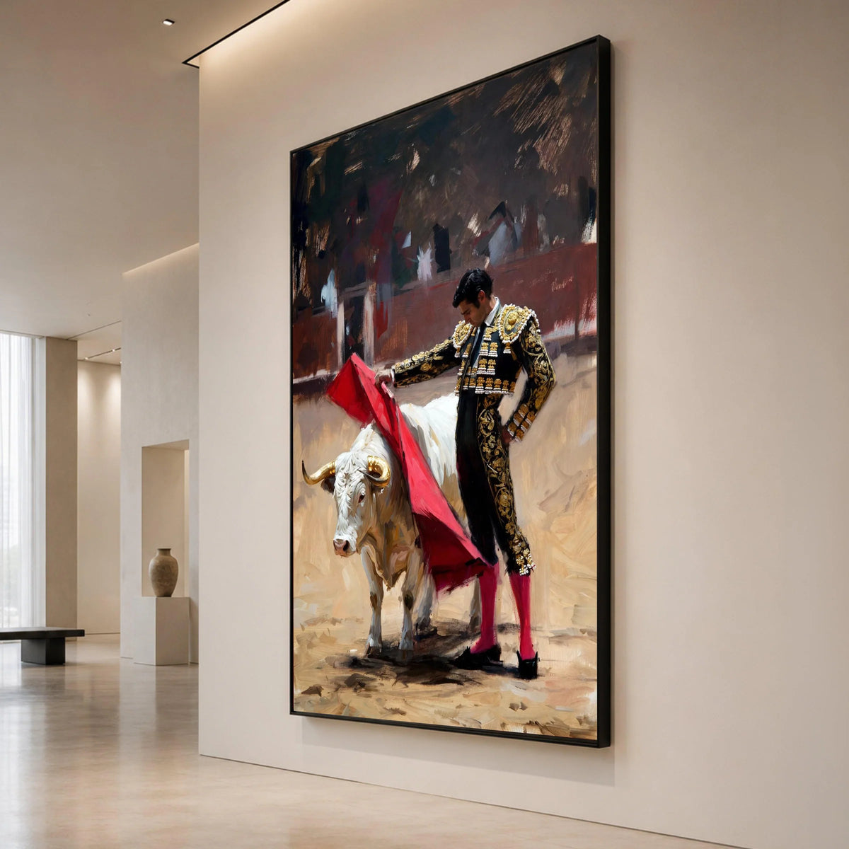 Elegant Matador with Red Cape, Bullfighting Scene Canvas, Spanish Tradition Wall Art, Cultural Canvas Decoration, Ready to Canvas Print Art