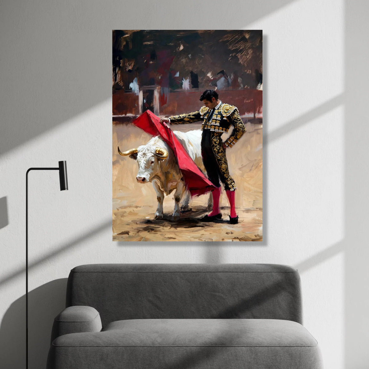 Elegant Matador with Red Cape, Bullfighting Scene Canvas, Spanish Tradition Wall Art, Cultural Canvas Decoration, Ready to Canvas Print Art