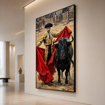 Matador Bullfighting Scene Canvas, Spanish Bullfighter Art, Red Cape Canvas Wall Art, Cultural Home Decoration, Ready to Canvas Print Art
