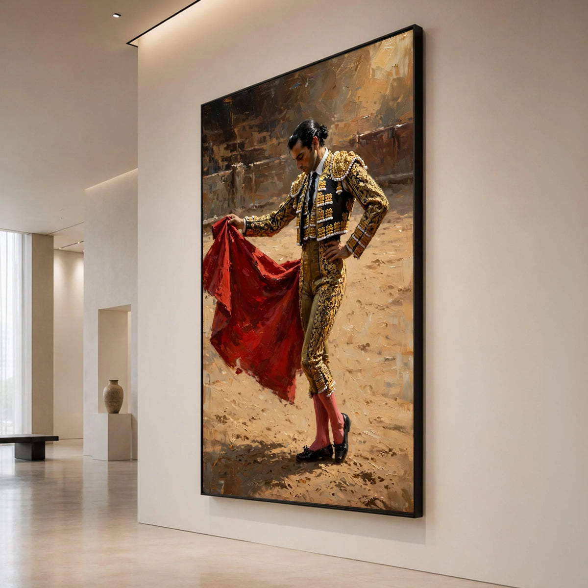 Elegant Matador Portrait Canvas, Bullfighter Wall Art, Traditional Costume Decor, Spanish Culture Canvas, Dramatic Red Cape Canvas Print Art