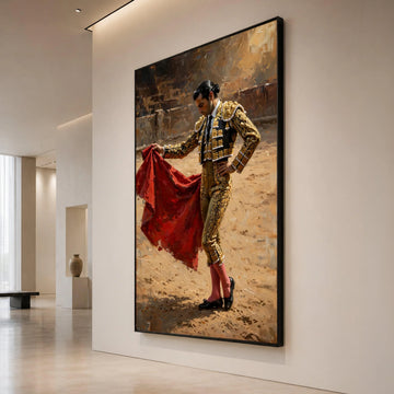 Elegant Matador Portrait Canvas, Bullfighter Wall Art, Traditional Costume Decor, Spanish Culture Canvas, Dramatic Red Cape Canvas Print Art