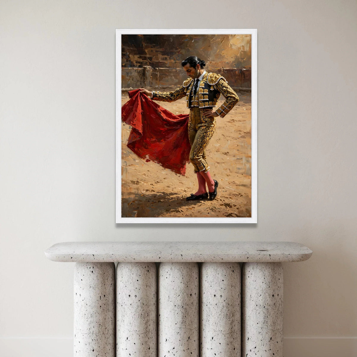 Elegant Matador Portrait Canvas, Bullfighter Wall Art, Traditional Costume Decor, Spanish Culture Canvas, Dramatic Red Cape Canvas Print Art