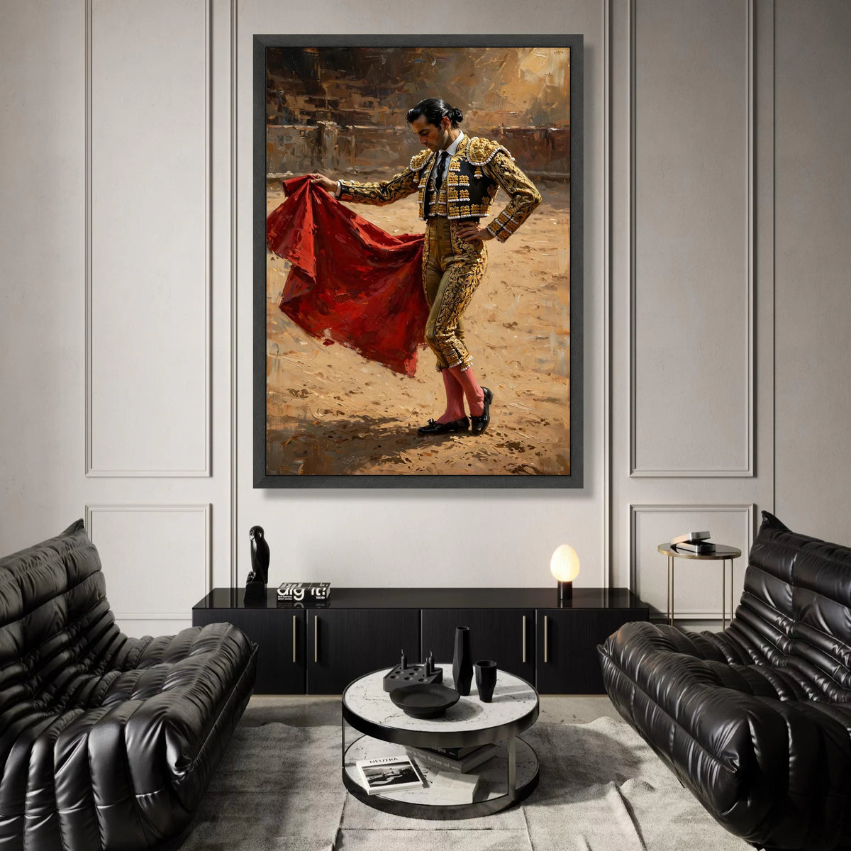 Elegant Matador Portrait Canvas, Bullfighter Wall Art, Traditional Costume Decor, Spanish Culture Canvas, Dramatic Red Cape Canvas Print Art
