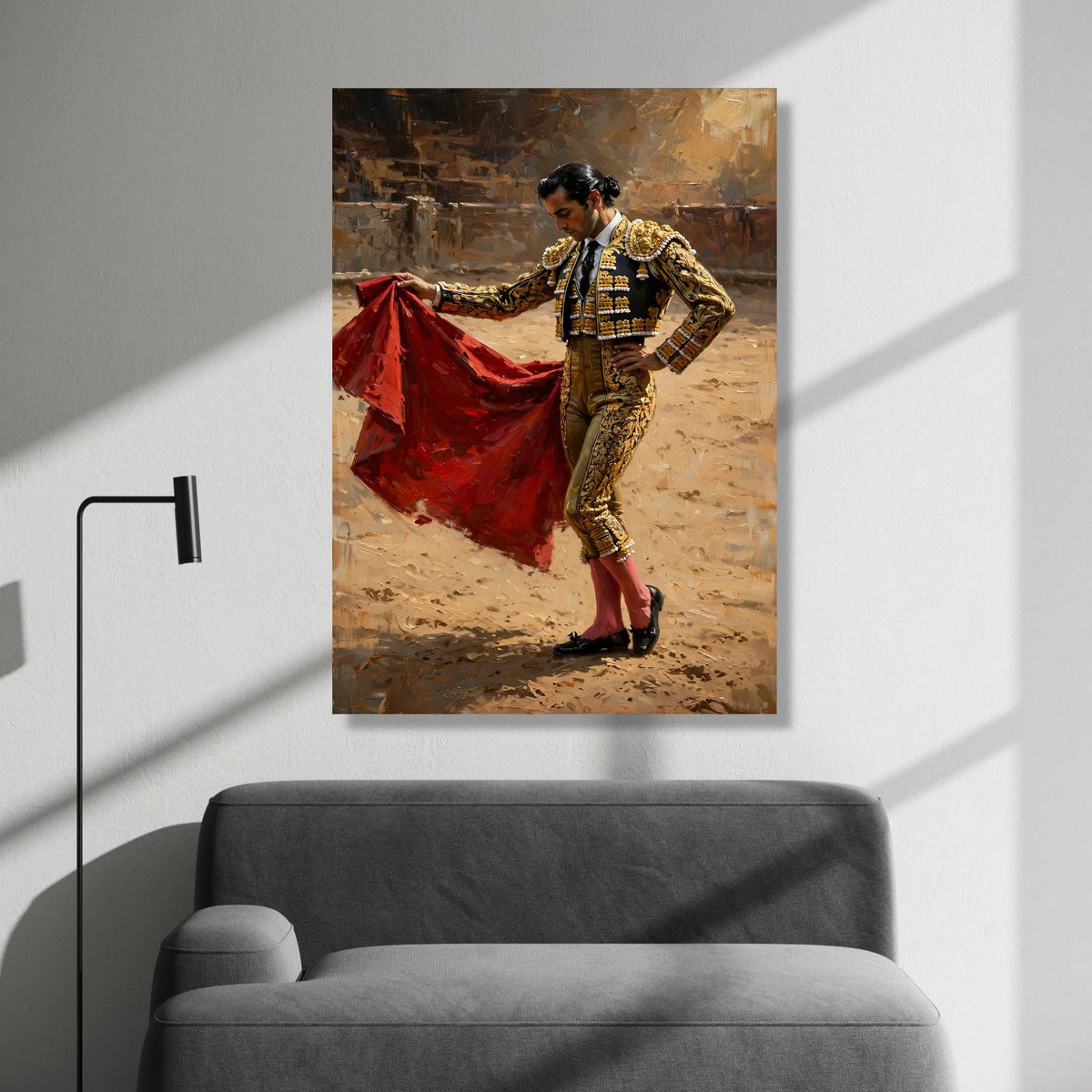 Elegant Matador Portrait Canvas, Bullfighter Wall Art, Traditional Costume Decor, Spanish Culture Canvas, Dramatic Red Cape Canvas Print Art