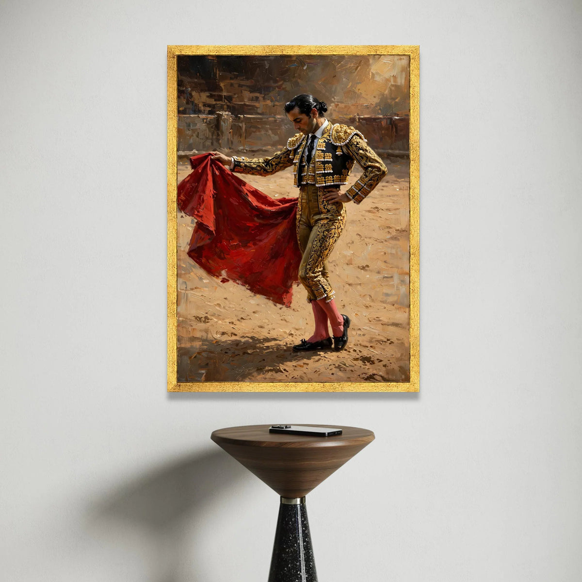 Elegant Matador Portrait Canvas, Bullfighter Wall Art, Traditional Costume Decor, Spanish Culture Canvas, Dramatic Red Cape Canvas Print Art
