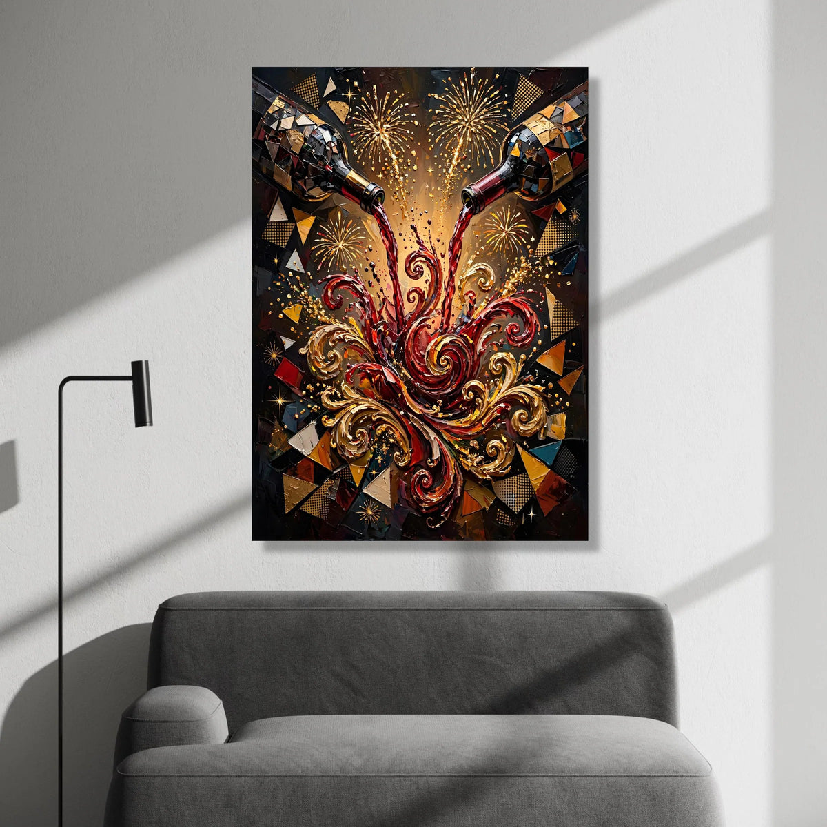 Sparkling Celebration Wine Splash Canvas, Festive Red Wine Art, Swirling Pour Design, Fireworks Background Wall Decor, Canvas Print Art