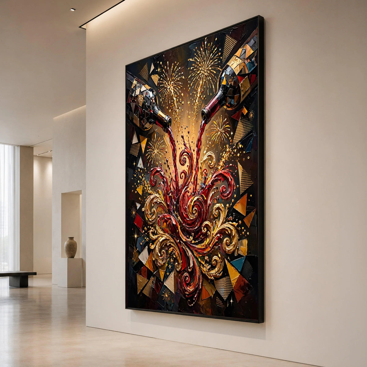 Sparkling Celebration Wine Splash Canvas, Festive Red Wine Art, Swirling Pour Design, Fireworks Background Wall Decor, Canvas Print Art